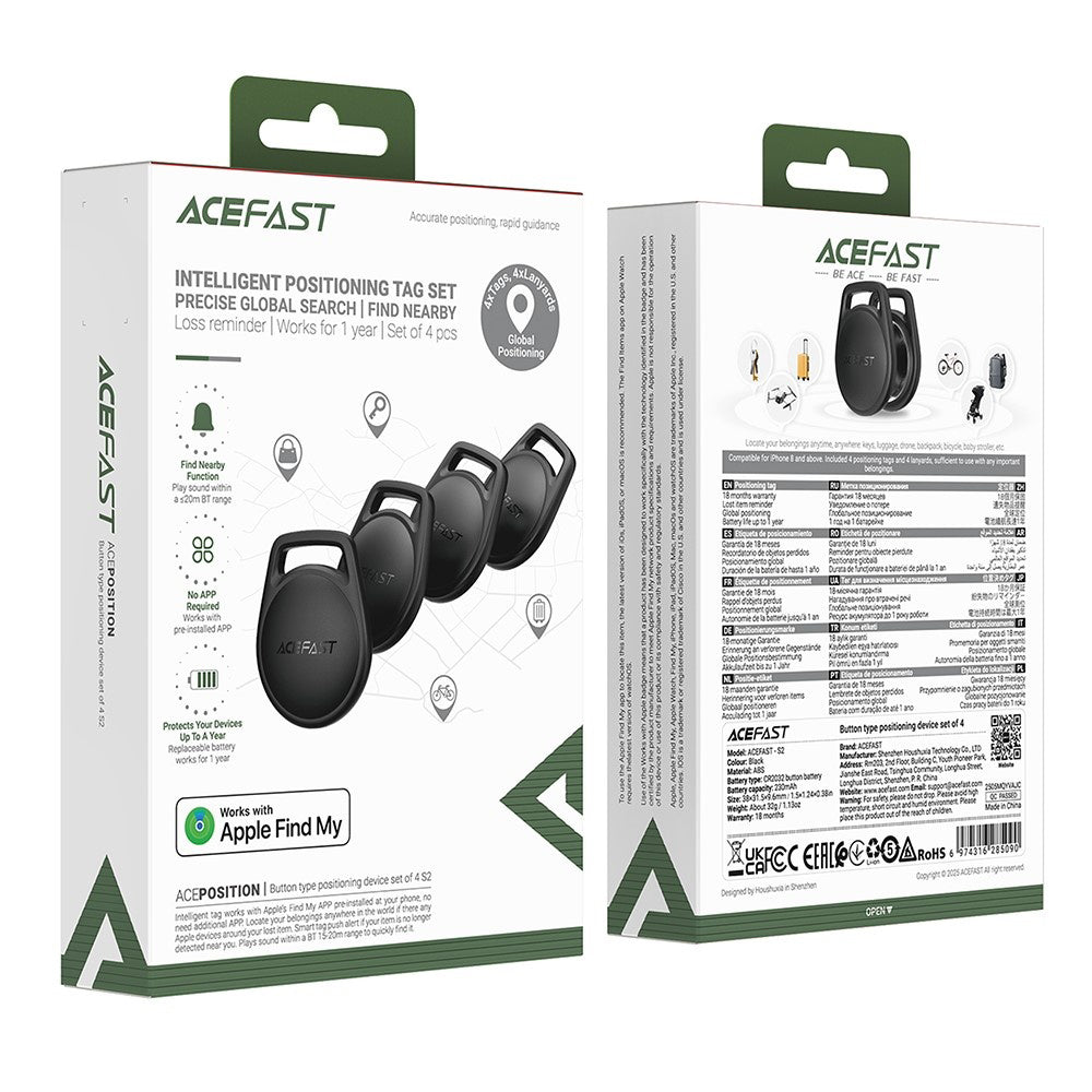 Acefast SmartTag S2 за iOS Series, Комплект 4 броя, Черен