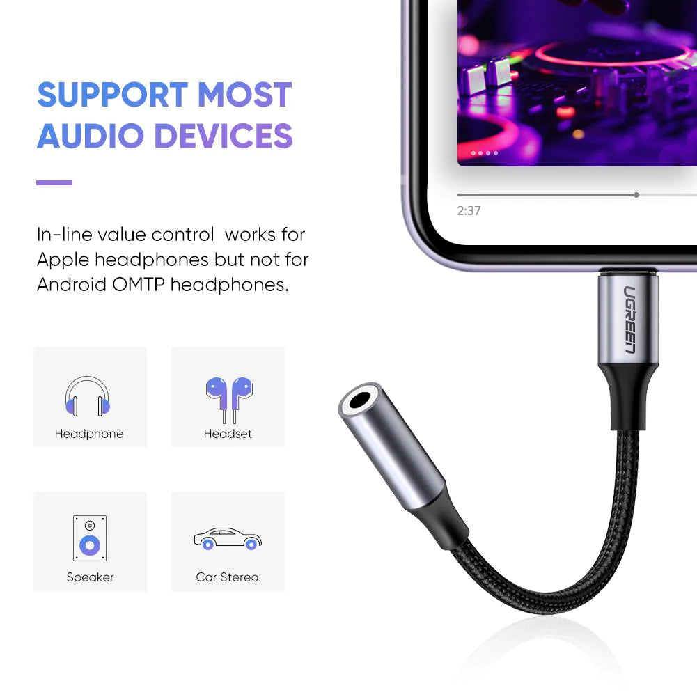 Аудио адаптер Lightning - 3.5mm UGREEN US211 (30756), Черен