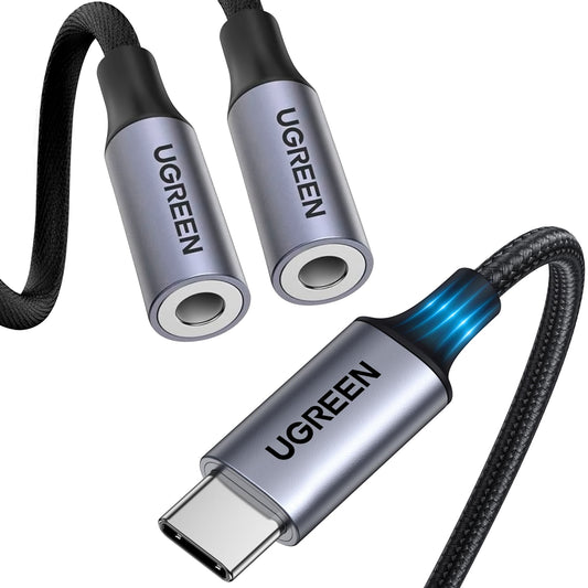 USB-C аудио сплитер адаптер USB-C - 2 x 3,5 мм UGREEN AV144 2в1, 0,20 м, сив