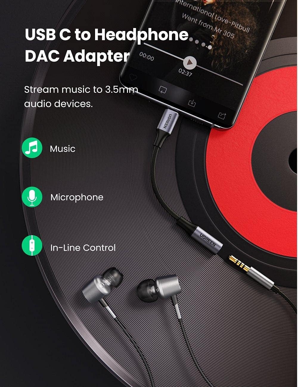 Аудио адаптер USB-C - 3.5mm UGREEN AV161, Сив
