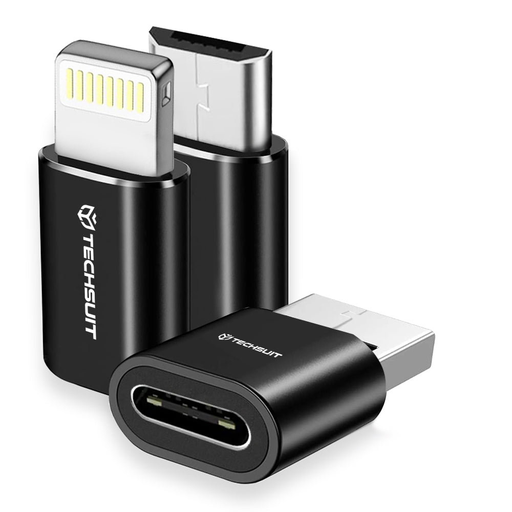 Адаптер за данни и зареждане USB-C - Lightning / microUSB / USB-A Techsuit A19 TriFlashX 3in1, Черен