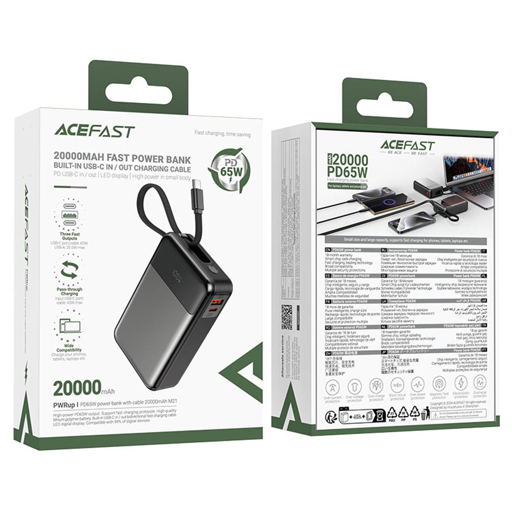 Външна батерия Acefast M21, 20000mAh, 65W, QC + PD, 1 x USB-A - 2 x USB-C, Черна