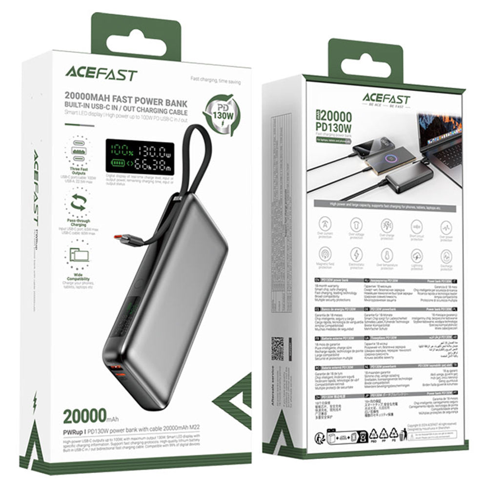 Външна батерия Acefast M22, 20000mAh, 130W, QC + PD, 1 x USB-A - 2 x USB-C, Черна