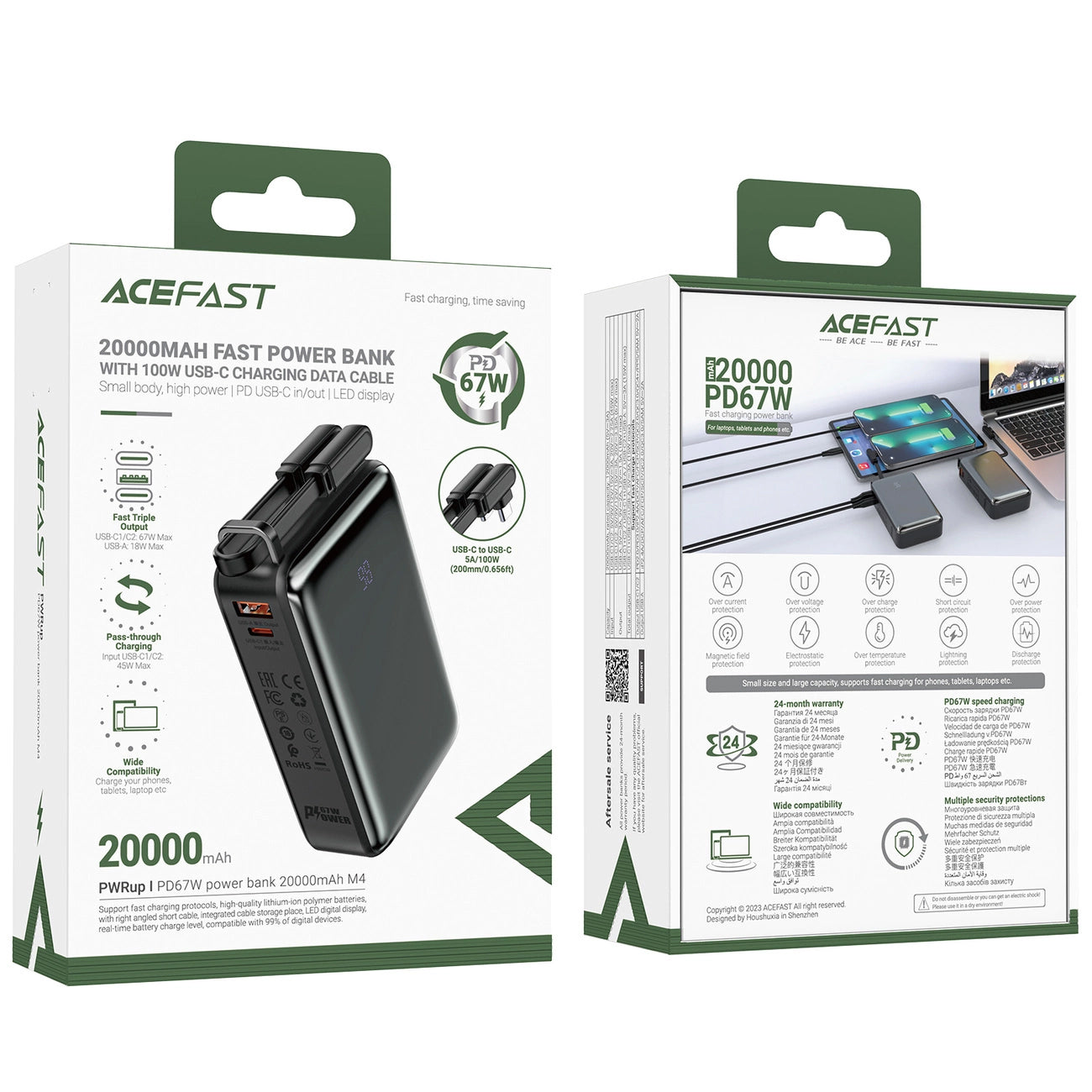 Външна батерия Acefast M4, 20000mAh, 67W, PD, 1 x USB-A - 2 x USB-C, Черна