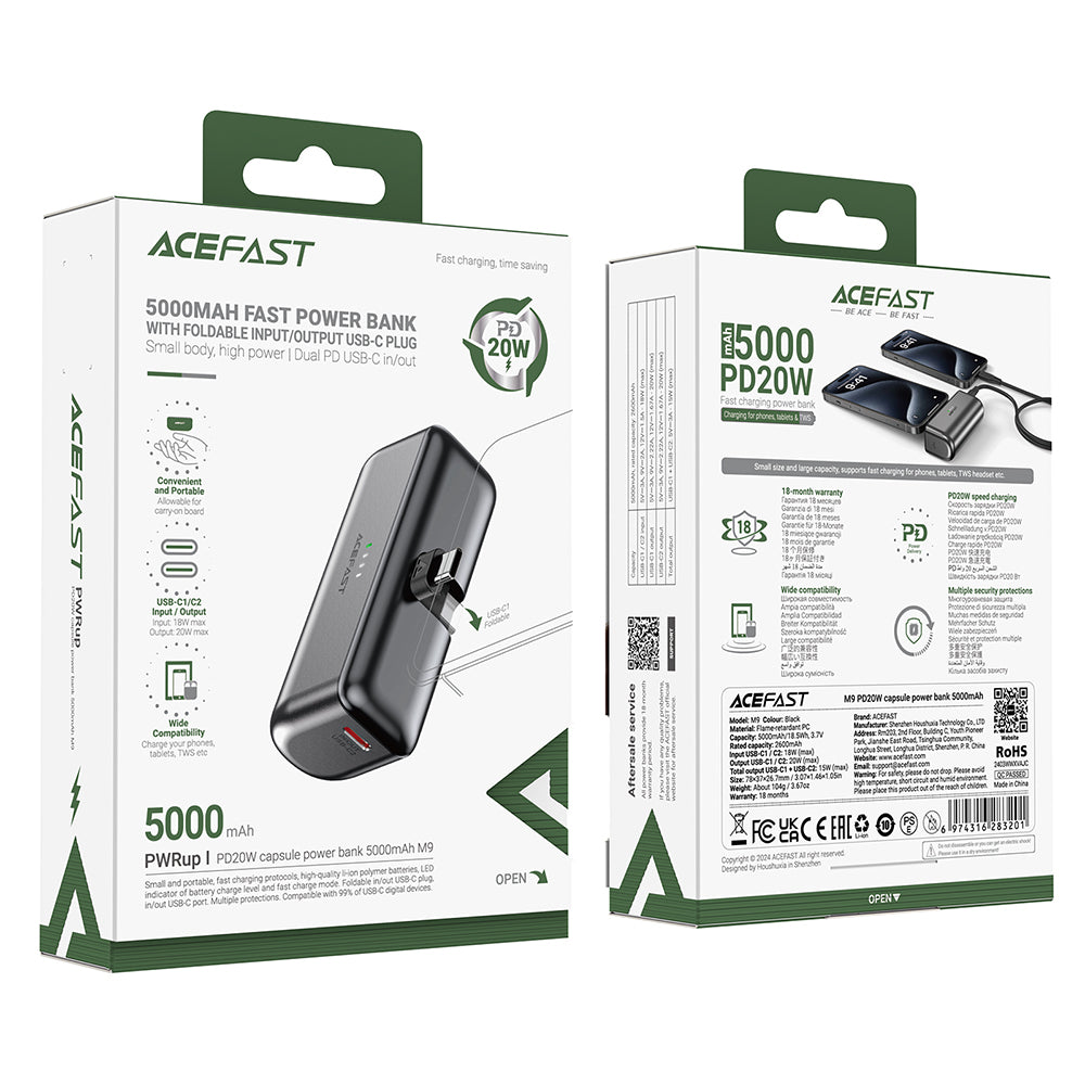 Външна батерия Acefast M9, 5000mAh, 20W, PD, 2 x USB-C, Черна