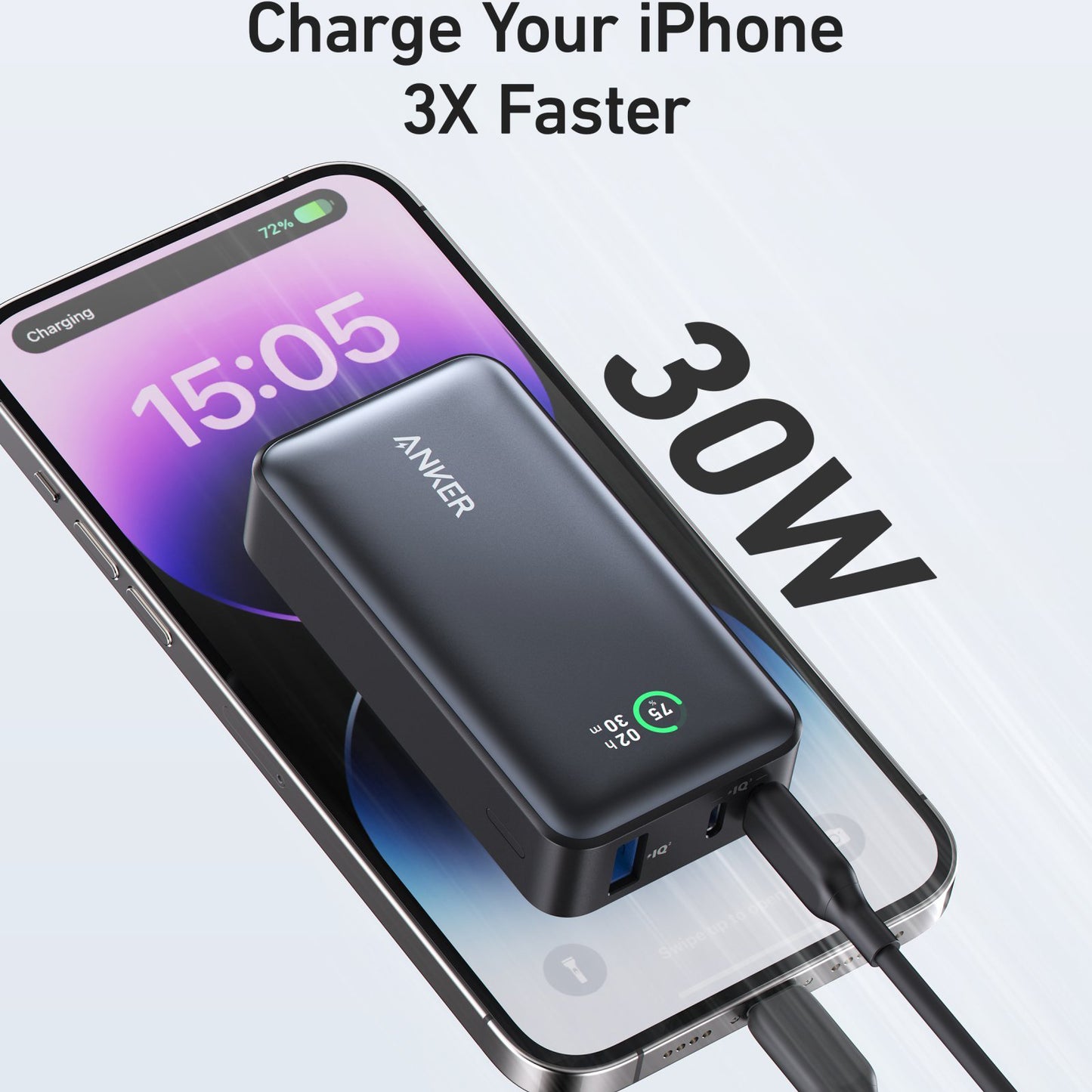 Външна батерия Anker 533, 10000mAh, 30W, QC + PD, 1 x USB-A - 2 x USB-C, Черна A1256G11
