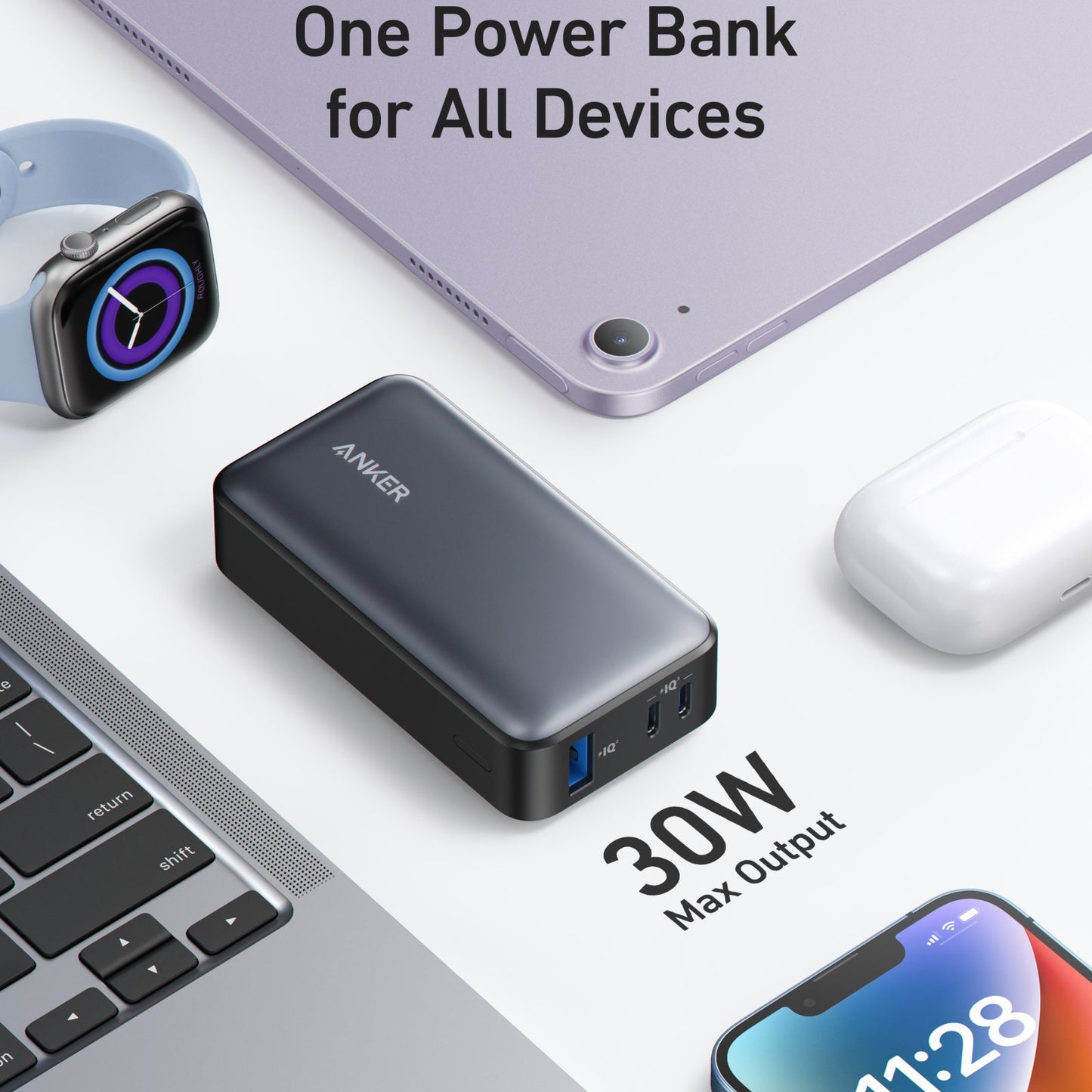 Външна батерия Anker 533, 10000mAh, 30W, QC + PD, 1 x USB-A - 2 x USB-C, Черна A1256G11