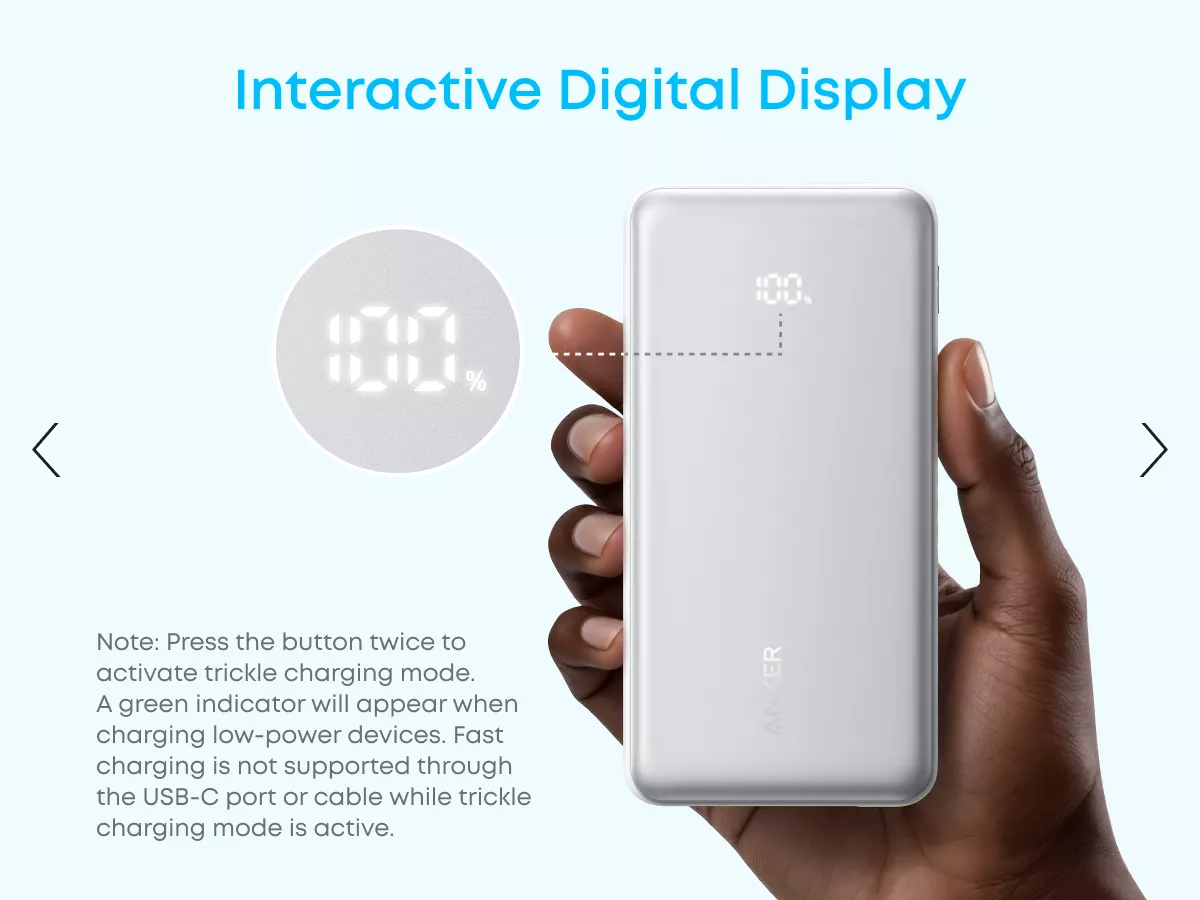 Външна батерия Anker Zolo, 10000mAh, 22.5W, QC + PD, 1 x USB-A - 2 x USB-C, Бяла A110DH21