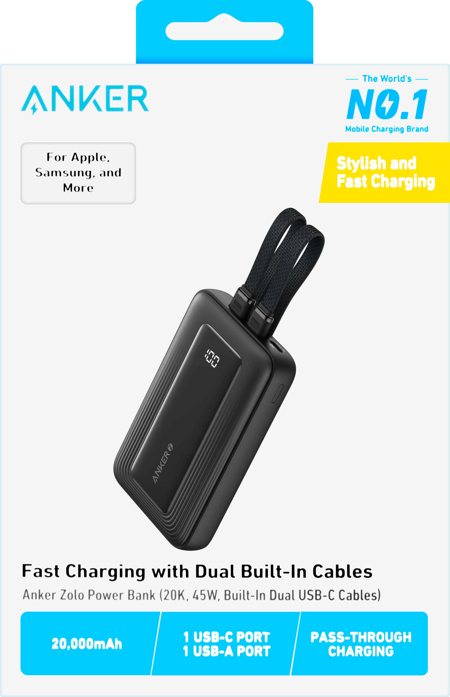 Външна батерия Anker Zolo, 20000mAh, 45W, QC + PD, 1 x USB-A - 3 x USB-C, Черна A1681H12