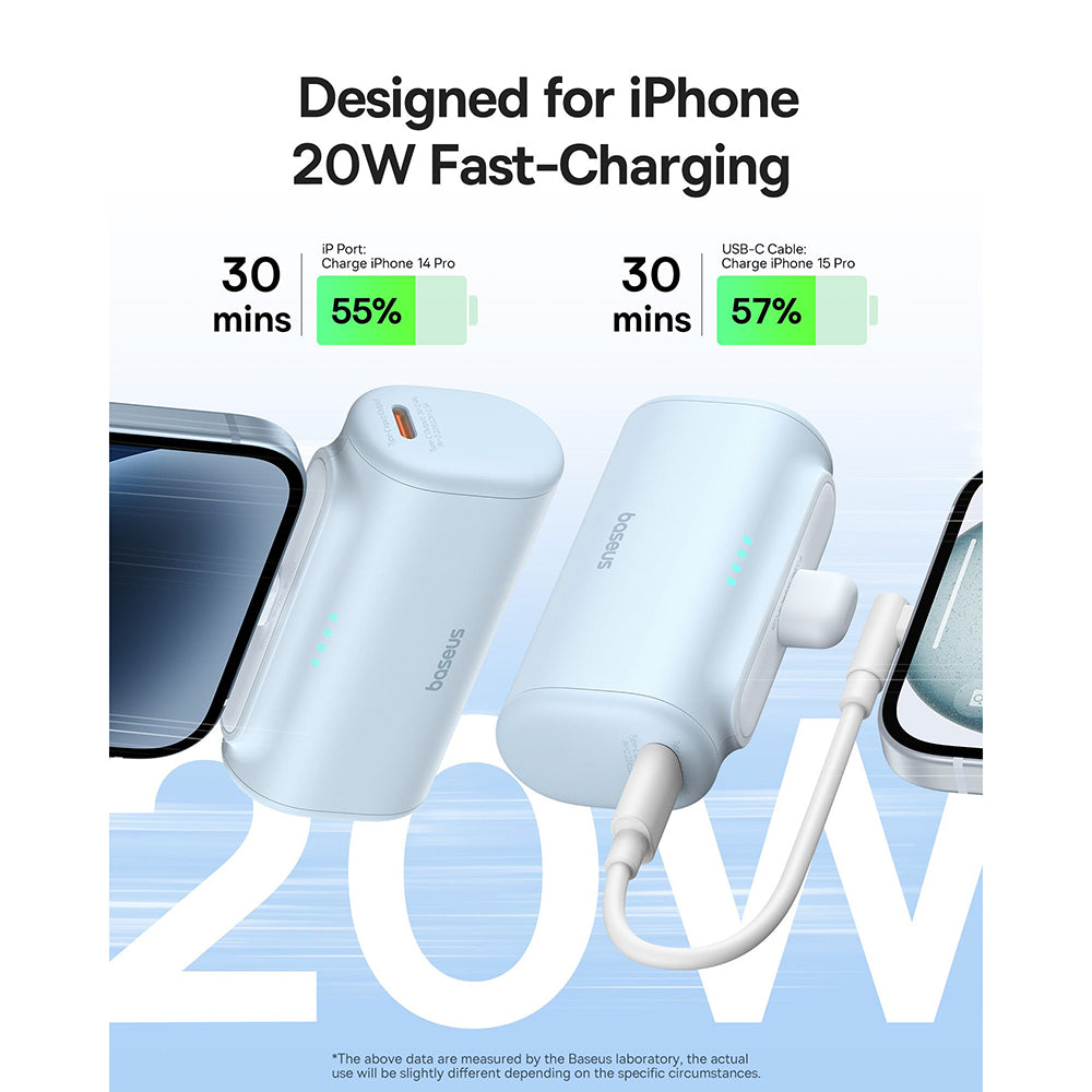 Външна батерия Baseus Compact, 5000mAh, 20W, PD, 1 x Lightning - 1 x USB-C, Синя P10068307313-00