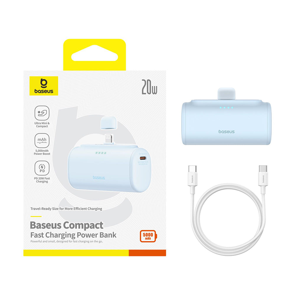 Външна батерия Baseus Compact, 5000mAh, 20W, PD, 1 x Lightning - 1 x USB-C, Синя P10068307313-00