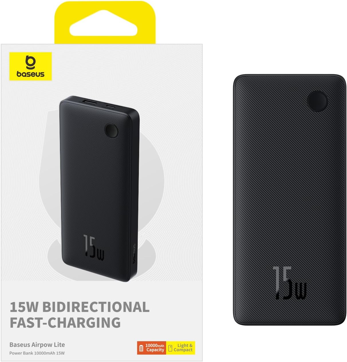 Външна батерия Baseus Airpow Lite, 10000mAh, 15W, 1 x USB-A - 1 x USB-C, черна P10067500123-00