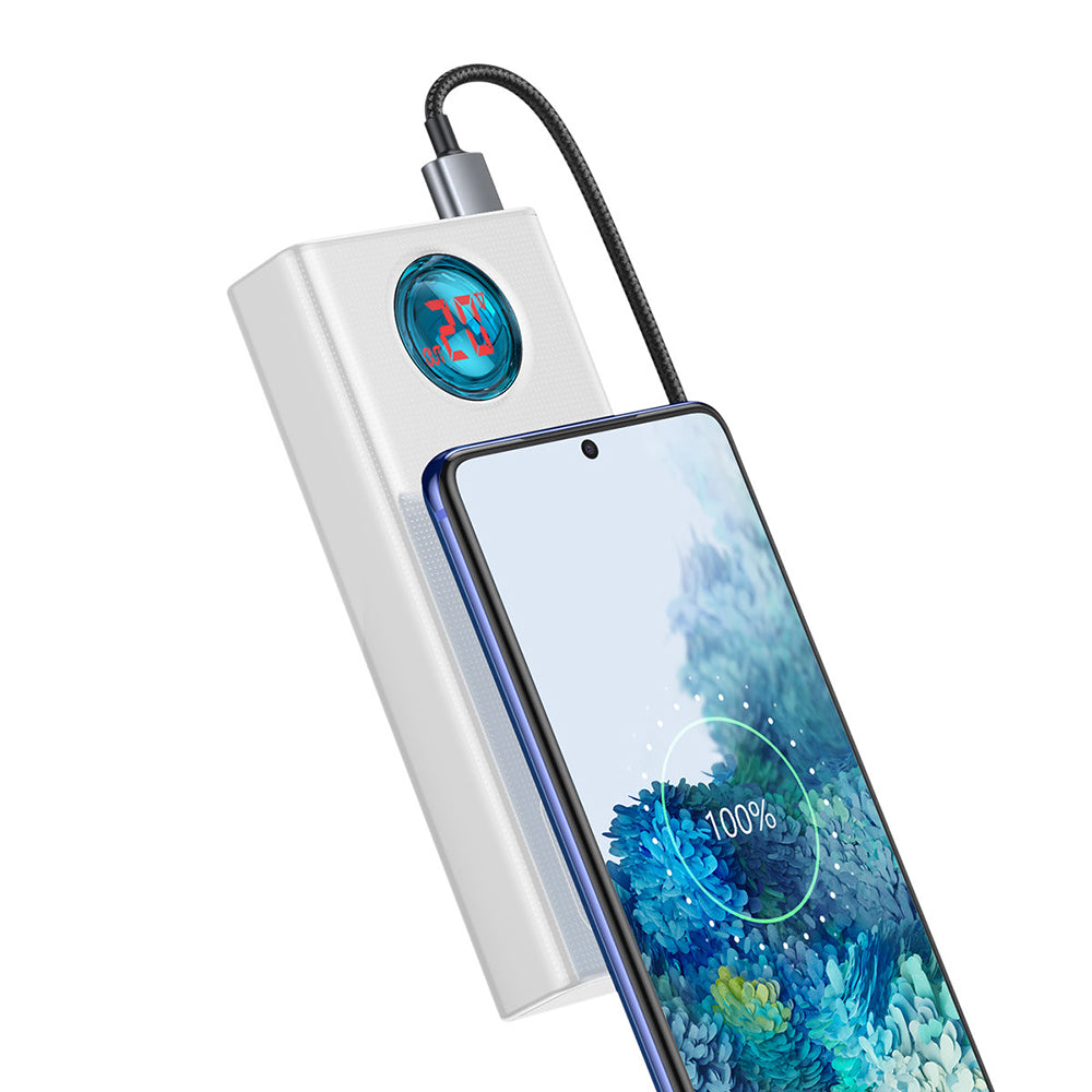 Външна батерия Baseus Amblight Digital Display, 30000mAh, 65W, QC + PD, 1 x USB-C - 4 x USB-A, Бяла PPLG000102
