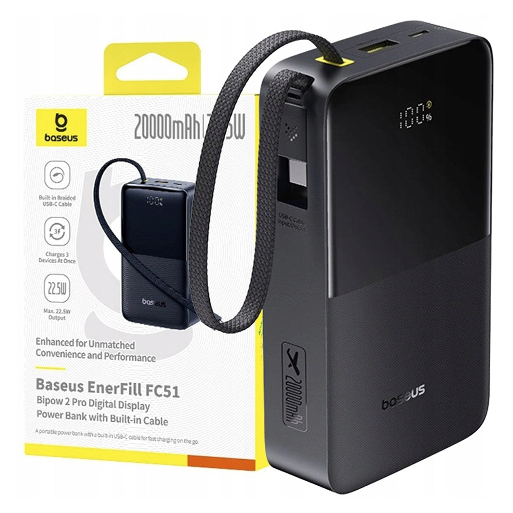Външна батерия Baseus EnerFill Bipow2 Pro, 20000mAh, 22.5W, QC + PD, 1 x USB-A - 2 x USB-C, Черна E0027701