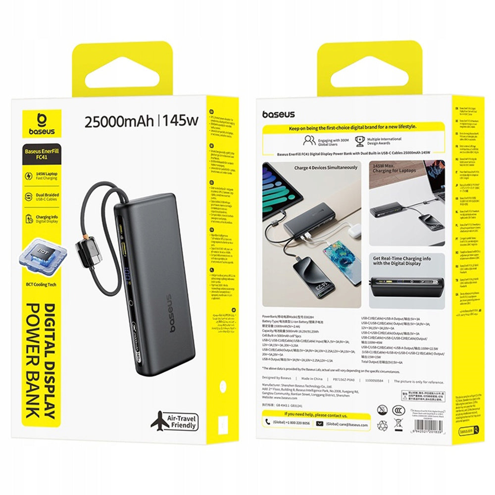 Външна батерия Baseus EnerFill FC41, 25000mAh, 145W, QC + PD, 1 x USB-A - 3 x USB-C, Черна E0028H03