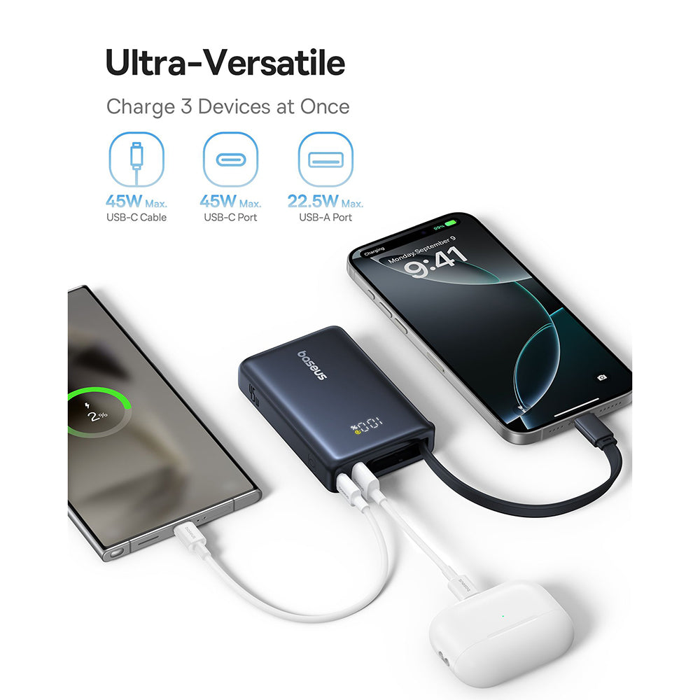 Външна батерия Baseus PicoGo, 10000mAh, 45W, QC + PD, 1 x USB-A - 2 x USB-C, Черна P10076803123-00