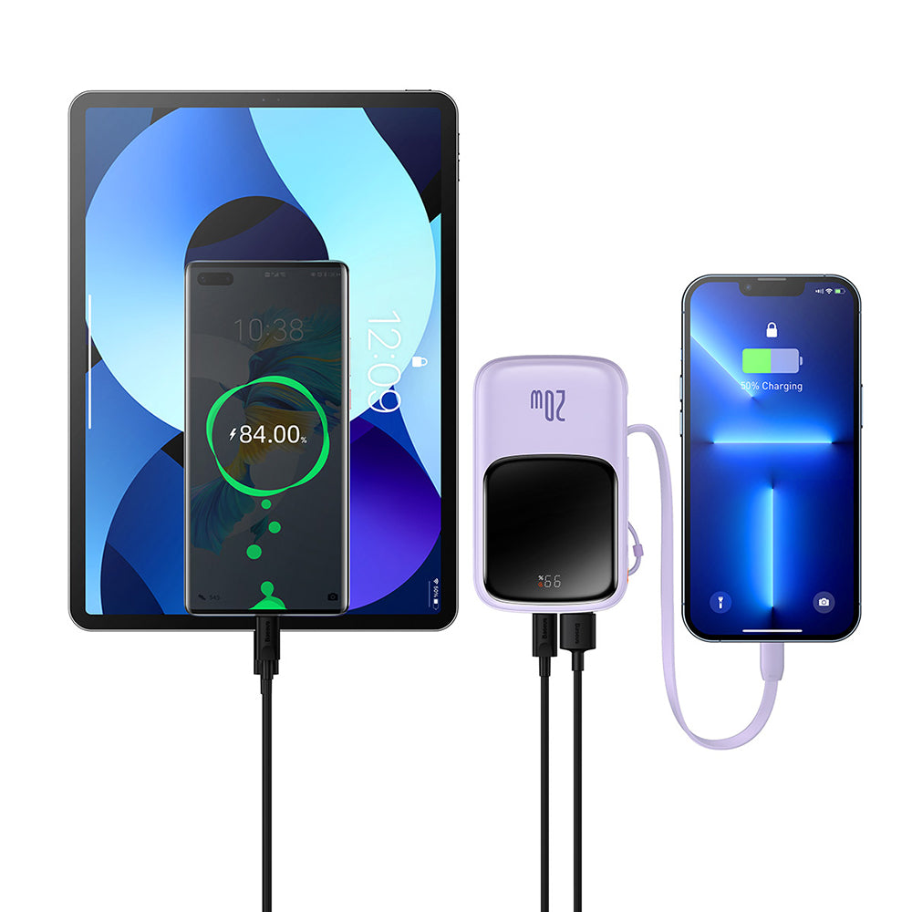 Външна батерия Baseus Qpow Pro, 20000mAh, 20W, QC + PD, 1 x Lightning - 1 x USB-A - 1 x USB-C, Лилав PPQD030005