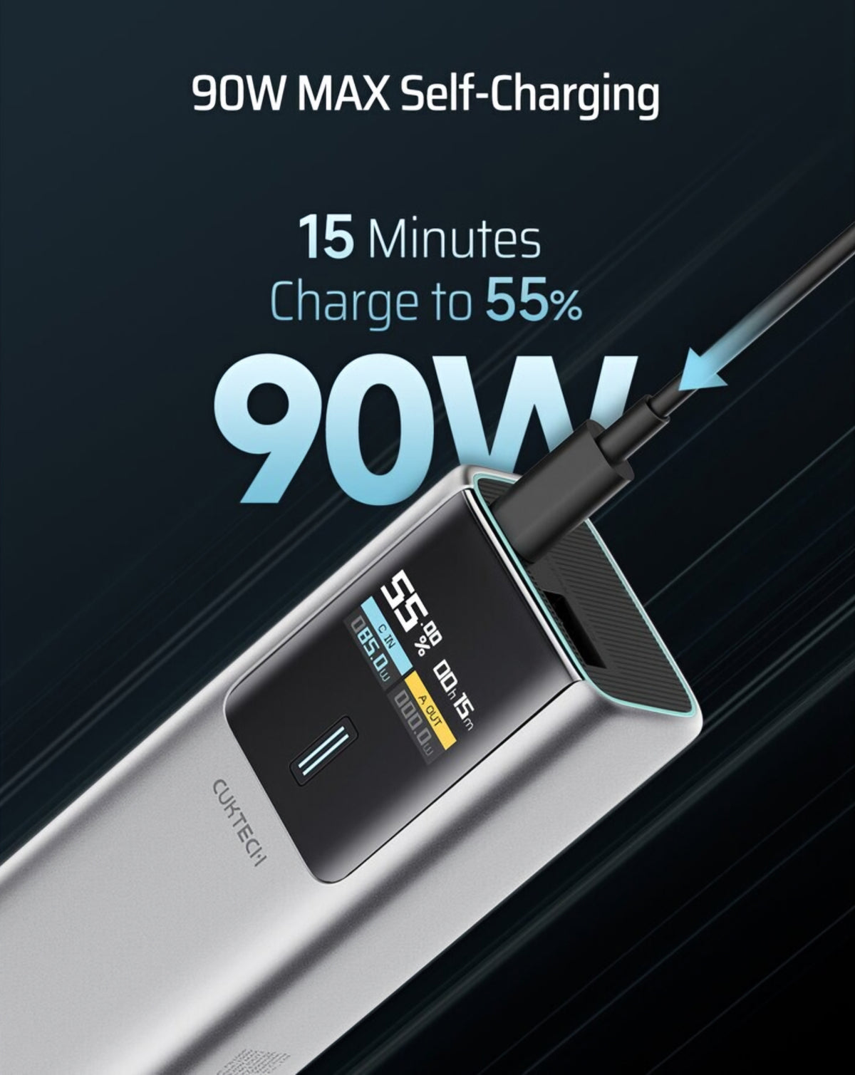 Външна батерия Cuktech, 10000mAh, 150W, QC + PD, 1 x USB-A - 1 x USB-C, Сива CKPB100PGLBK