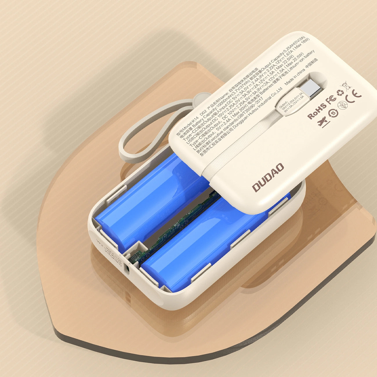 Външна батерия Dudao K14, 10000mAh, 22.5W, QC + PD, 1 x Lightning - 1 x USB-A - 2 x USB-C, Бежов