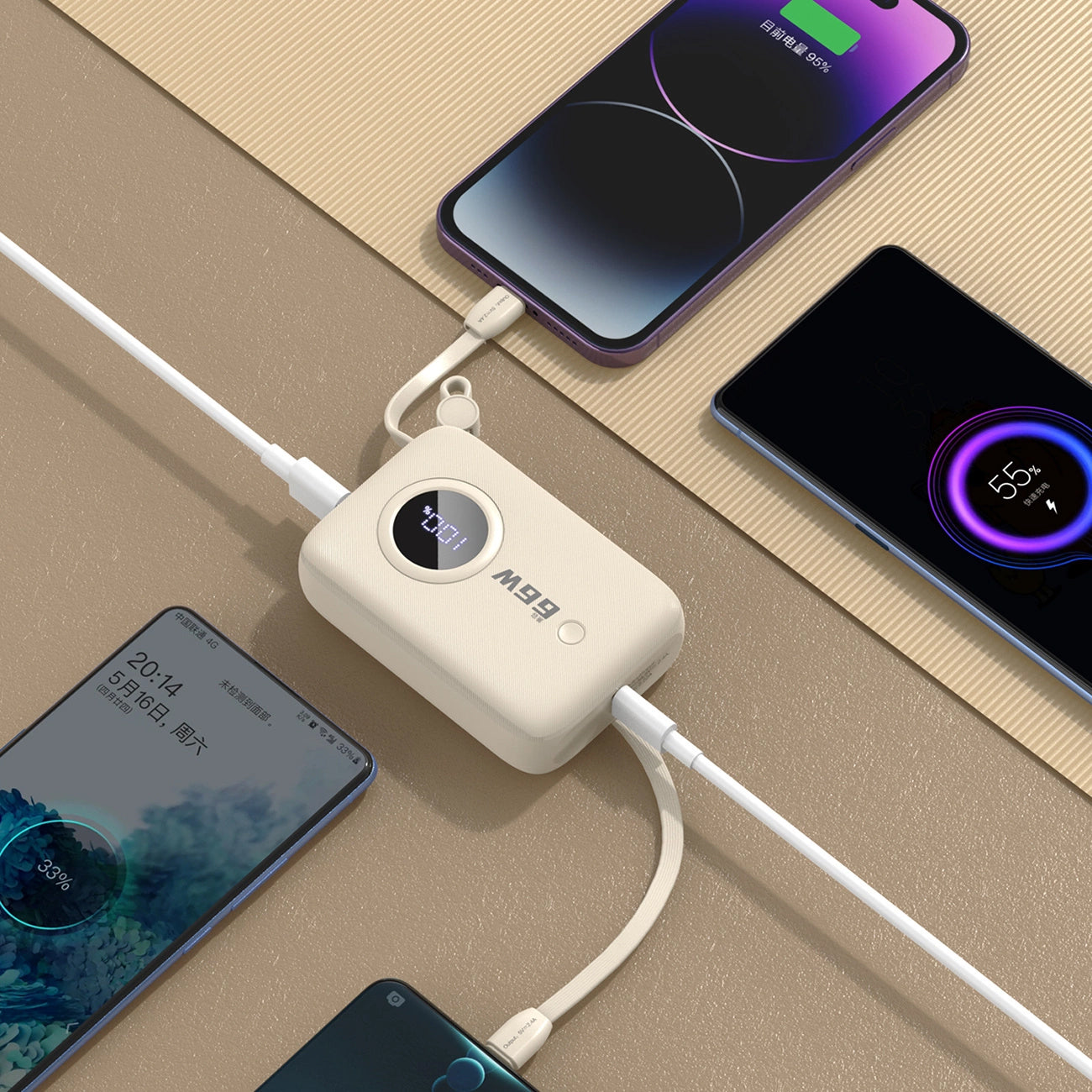 Външна батерия Dudao K14, 10000mAh, 22.5W, QC + PD, 1 x Lightning - 1 x USB-A - 2 x USB-C, Бежов