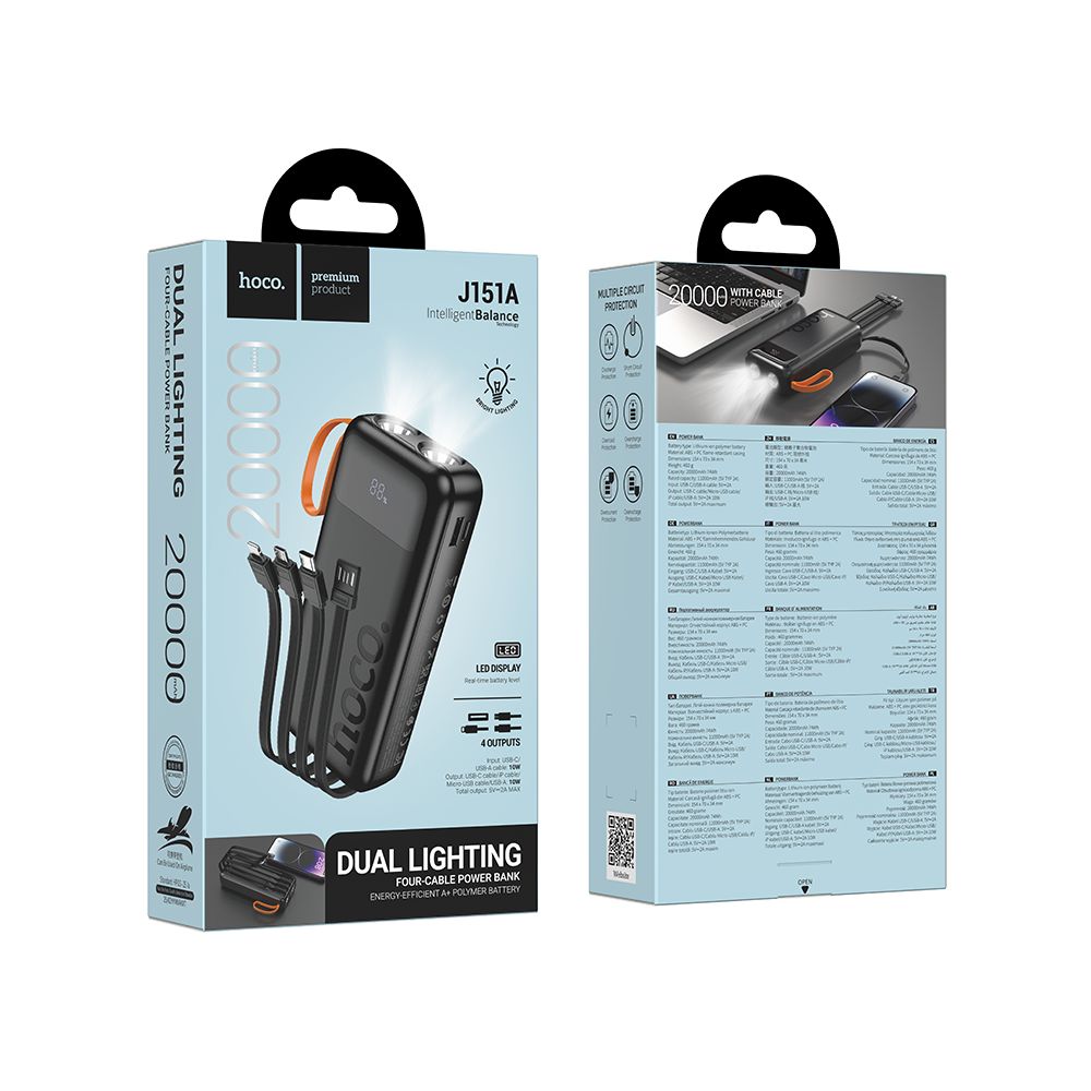 Външна батерия HOCO J151A, 20000mAh, 10W, 1 x Lightning - 1 x microUSB - 1 x USB-A - 1 x USB-C, Черна