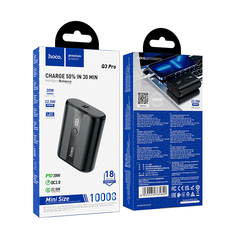 HOCO Q3 Pro External Battery, 10000mAh, 22.5W, QC + PD, 1 x USB-A - 1 x USB-C, Black