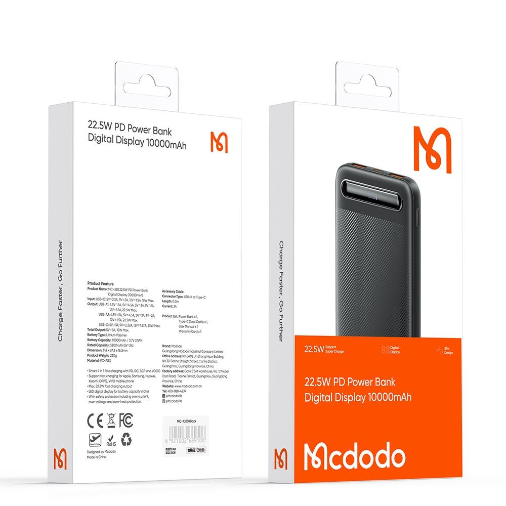 Външна батерия McDodo MC-3881 Star, 10000mAh, 22.5W, QC + PD, 2 x USB-A - 1 x USB-C, Черна