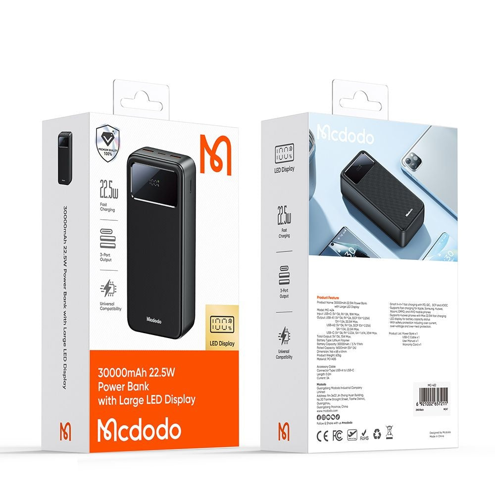 Външна батерия McDodo MC-4240, 30000mAh, 22.5W, QC + PD, 2 x USB-A - 1 x USB-C, Черна