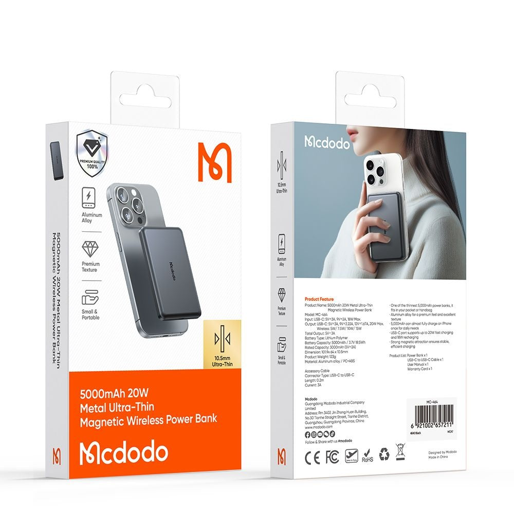 Външна безжична батерия McDodo MC-4641 Meta, 5000mAh, 20W, PD + FQI, 1 x QI - 1 x USB-C, Черна