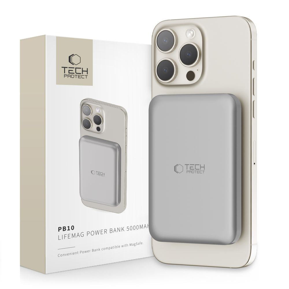 Tech-Protect PB10 LifeMag външна безжична батерия, 5000mAh, 15W, PD + FQI, 1 x QI - 1 x USB-C, сива