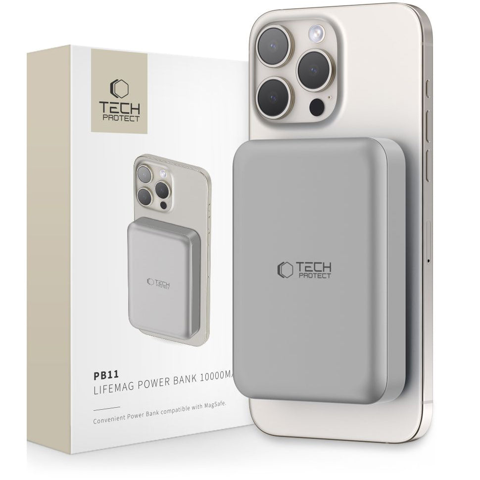 Външна безжична батерия Tech-Protect PB11 LifeMag, 10000mAh, 15W, PD + FQI, 1 x QI - 1 x USB-C, сива