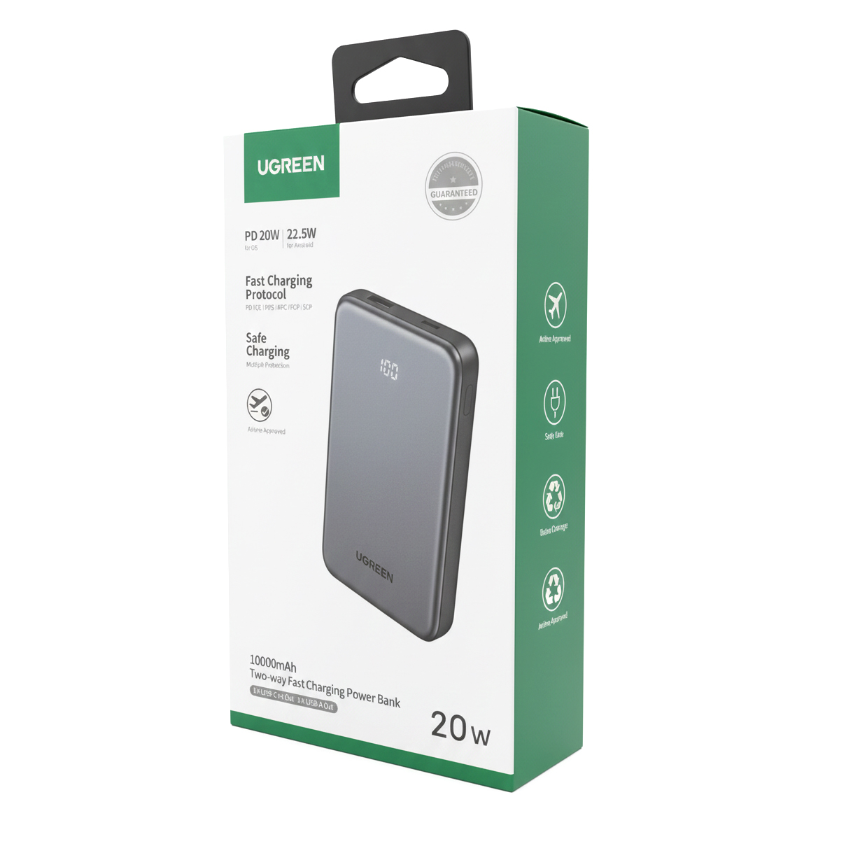 Външна батерия UGREEN 75131B, 10000mAh, 22.5W, QC + PD, 1 x USB-A - 1 x USB-C, Сивa