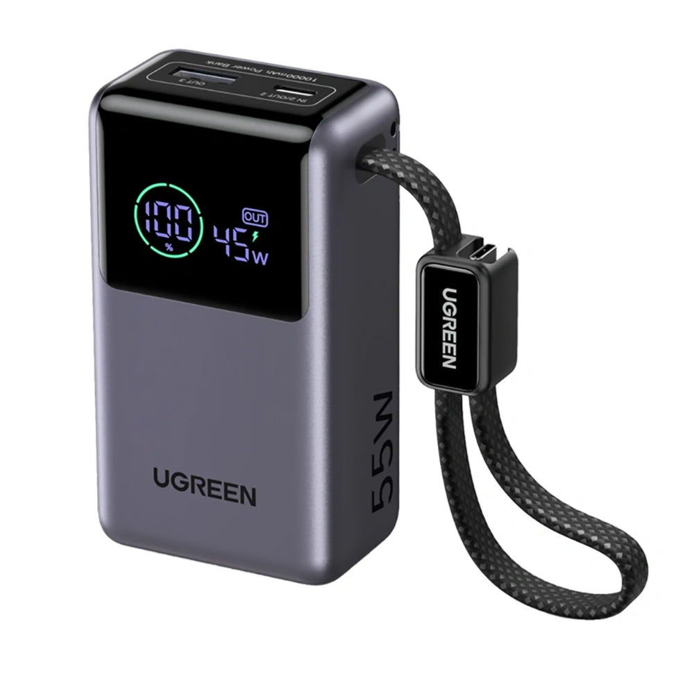 Външна батерия UGREEN Nexode Pro PB727 (85301B), 10000mAh, 55W, QC + PD, 1 x USB-A - 2 x USB-C, Сива