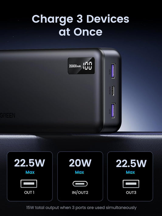 Външна батерия UGREEN PB312, 20000 mAh, 22,5 W, QC + PD, 1 x USB-C - 2 x USB-A, черна