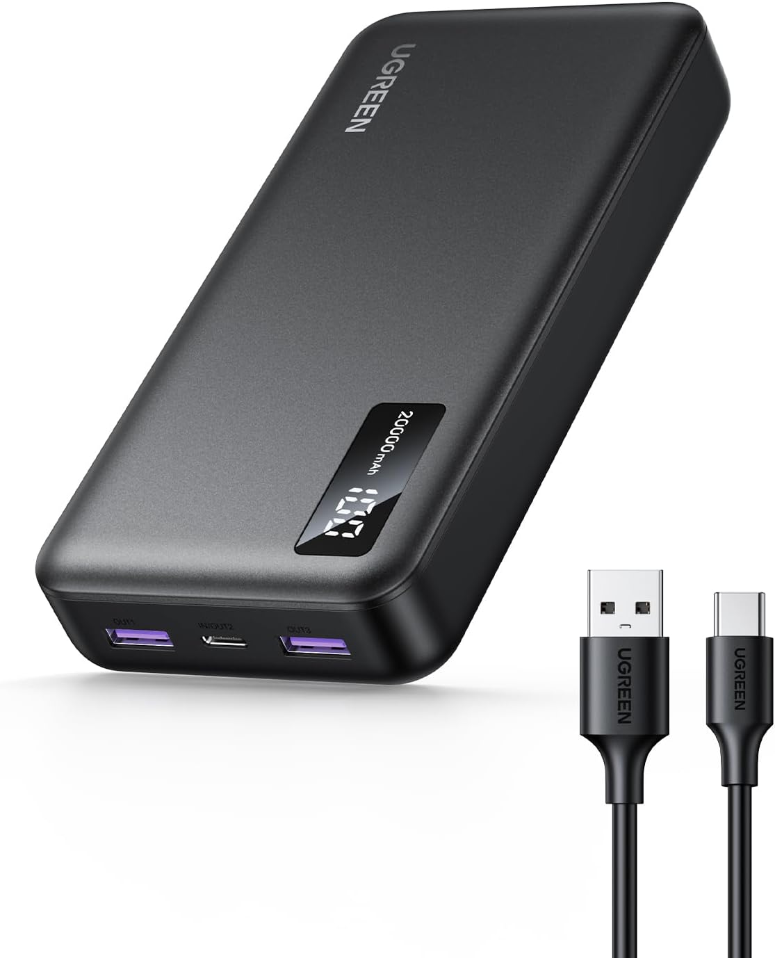 Външна батерия UGREEN PB312, 20000mAh, 22.5W, QC + PD, 1 x USB-C - 2 x USB-A, Черна