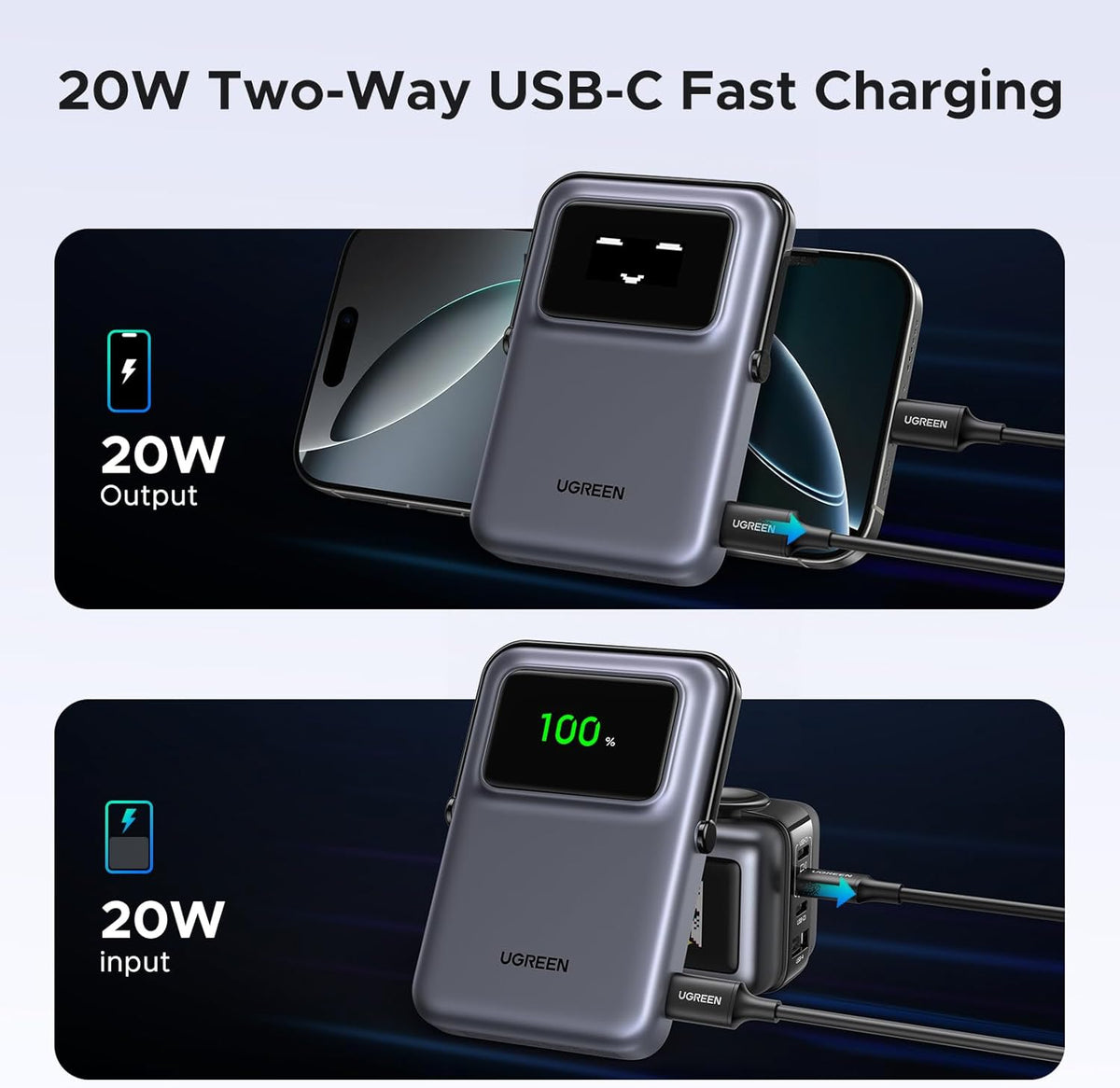 Външна батерия Wireless UGREEN PB572 Uno, 10000mAh, 20W, PD + FQI, 1 x QI - 1 x USB-C, Сив