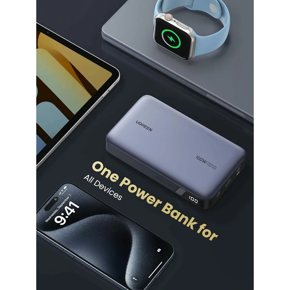 Външна батерия UGREEN PB720 Nexode, 20000mAh, 100W, QC + PD, 1 x USB-A - 2 x USB-C, Сивa