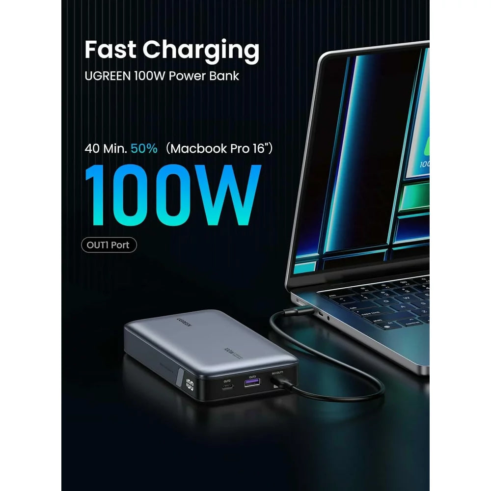 Външна батерия UGREEN PB720 Nexode, 20000mAh, 100W, QC + PD, 1 x USB-A - 2 x USB-C, Сивa