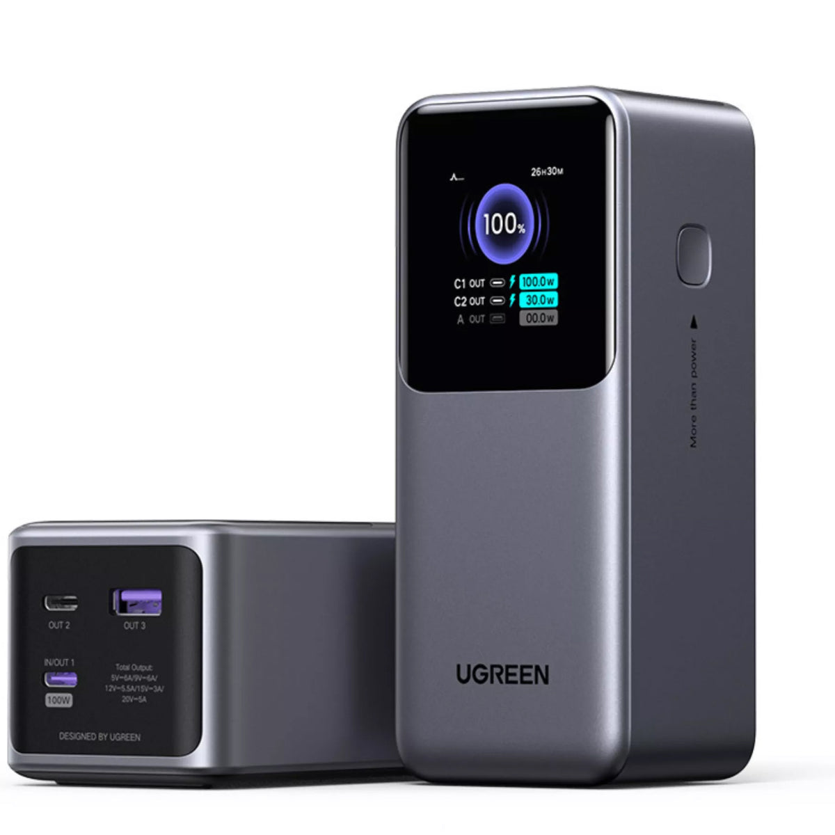Външна батерия UGREEN PB721, 20000mAh, 130W, QC + PD, 1 x USB-A - 2 x USB-C, Сивa