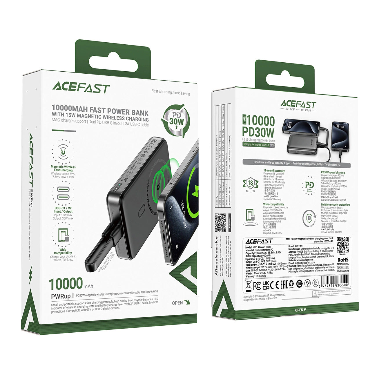 Външна батерия Wireless Acefast M10, 10000mAh, 30W, PD + FQI, 1 x QI - 2 x USB-C, Черна