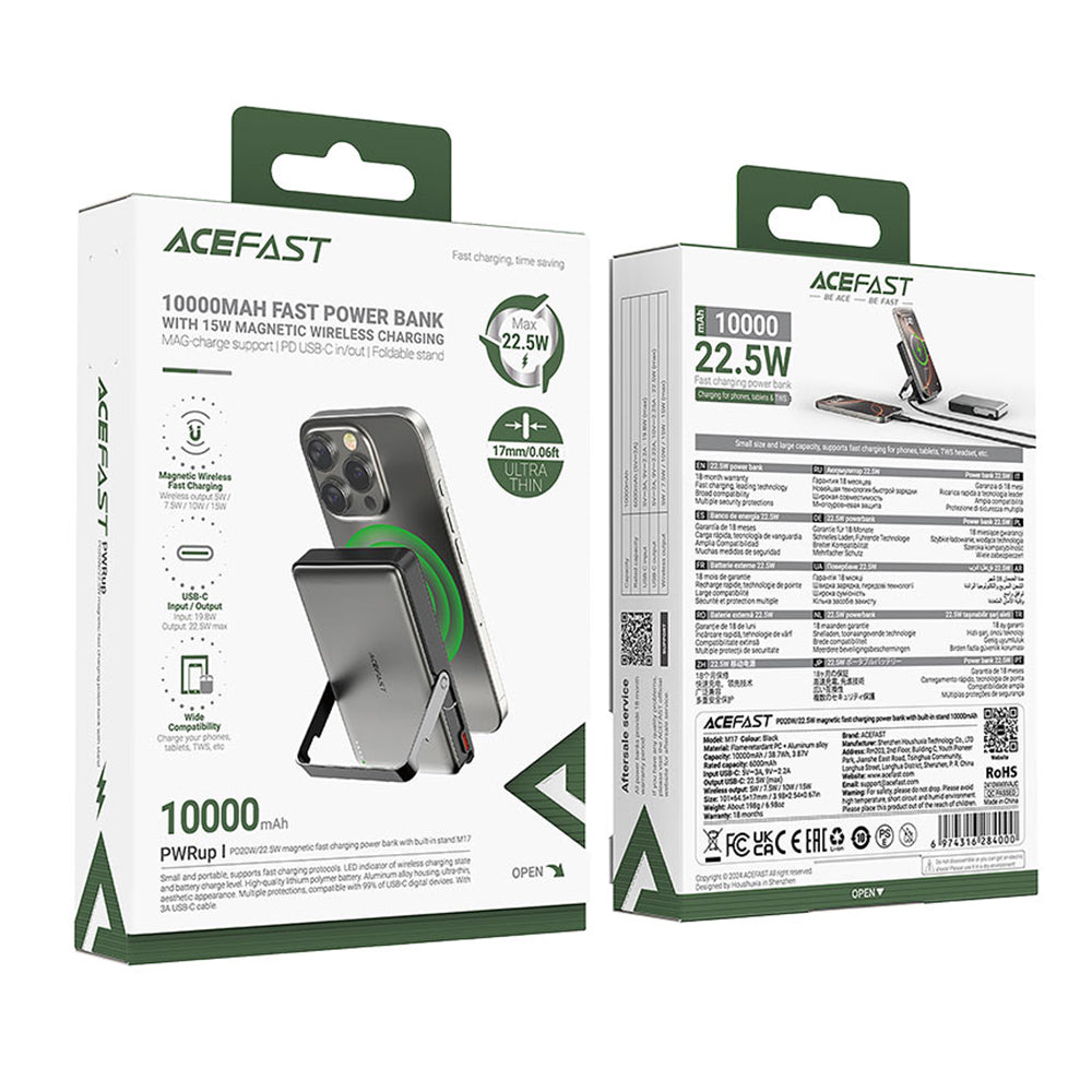 Външна батерия Wireless Acefast M17, 10000mAh, 22.5W, PD + FQI, 1 x QI - 1 x USB-C, Черна