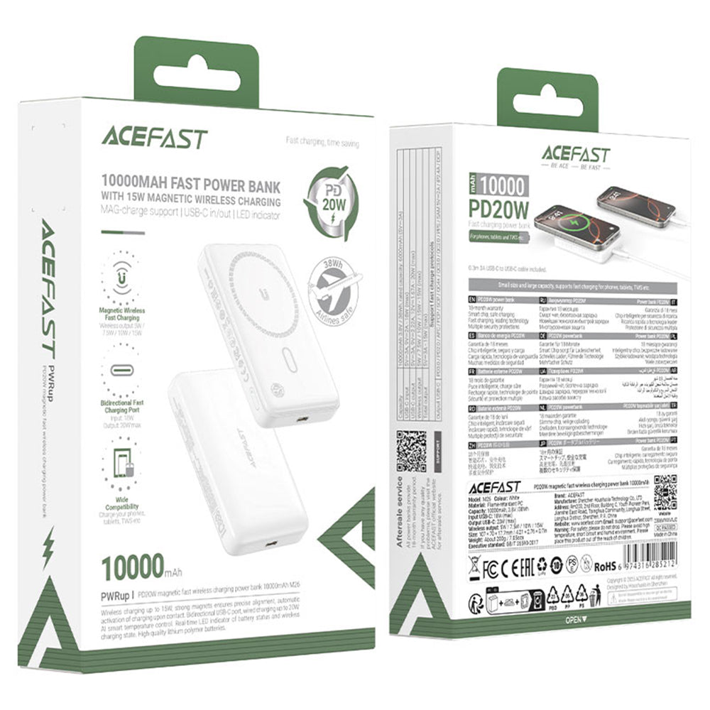 Външна батерия Wireless Acefast M26, 10000mAh, 20W, PD + FQI, 1 x QI - 1 x USB-C, Бяла