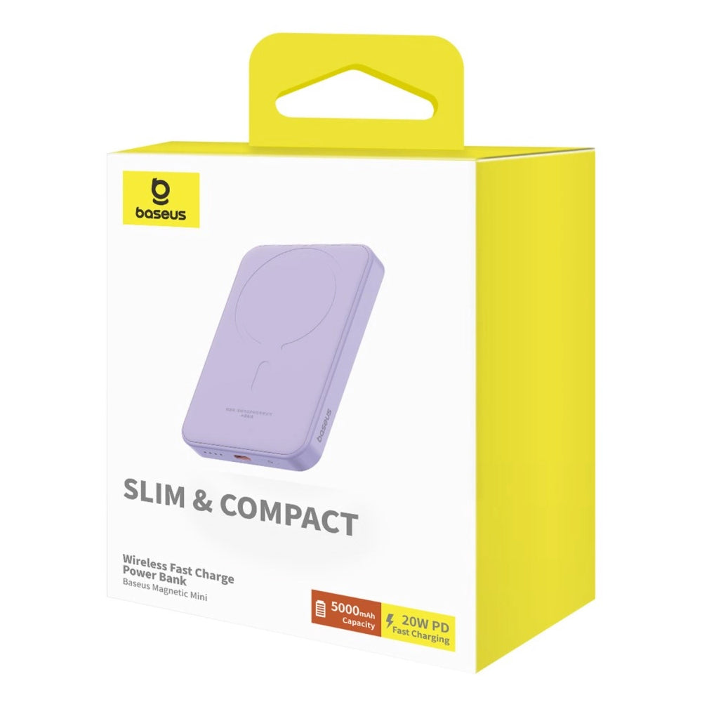 Baseus Magnetic Mini Wireless External Battery, 5000mAh, 20W, PD + FQI, 1 x QI - 1 x USB-C, Purple P10022107513