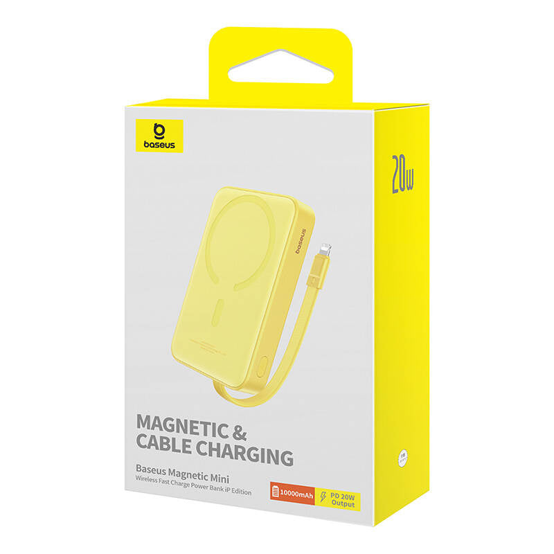 Външна батерия Wireless Baseus Magnetic Mini, 10000mAh, 20W, PD + FQI, 1 x Lightning - 1 x QI - 1 x USB-C, Жълта P10022109Y23-00