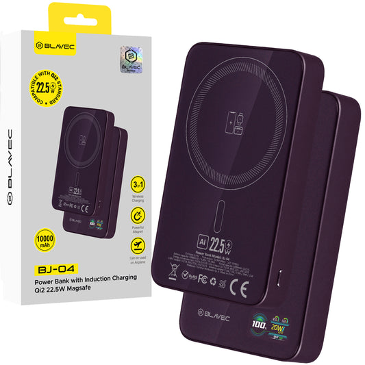 Безжична външна батерия Blavec BJ-04 Slim, 10000 mAh, 22,5 W, PD + FQI, 1 x QI - 1 x USB-C, лилава