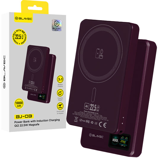 Безжична външна батерия Blavec BJ-03 Slim, 10000 mAh, 22,5 W, PD + FQI, 1 x QI - 1 x USB-C, лилава