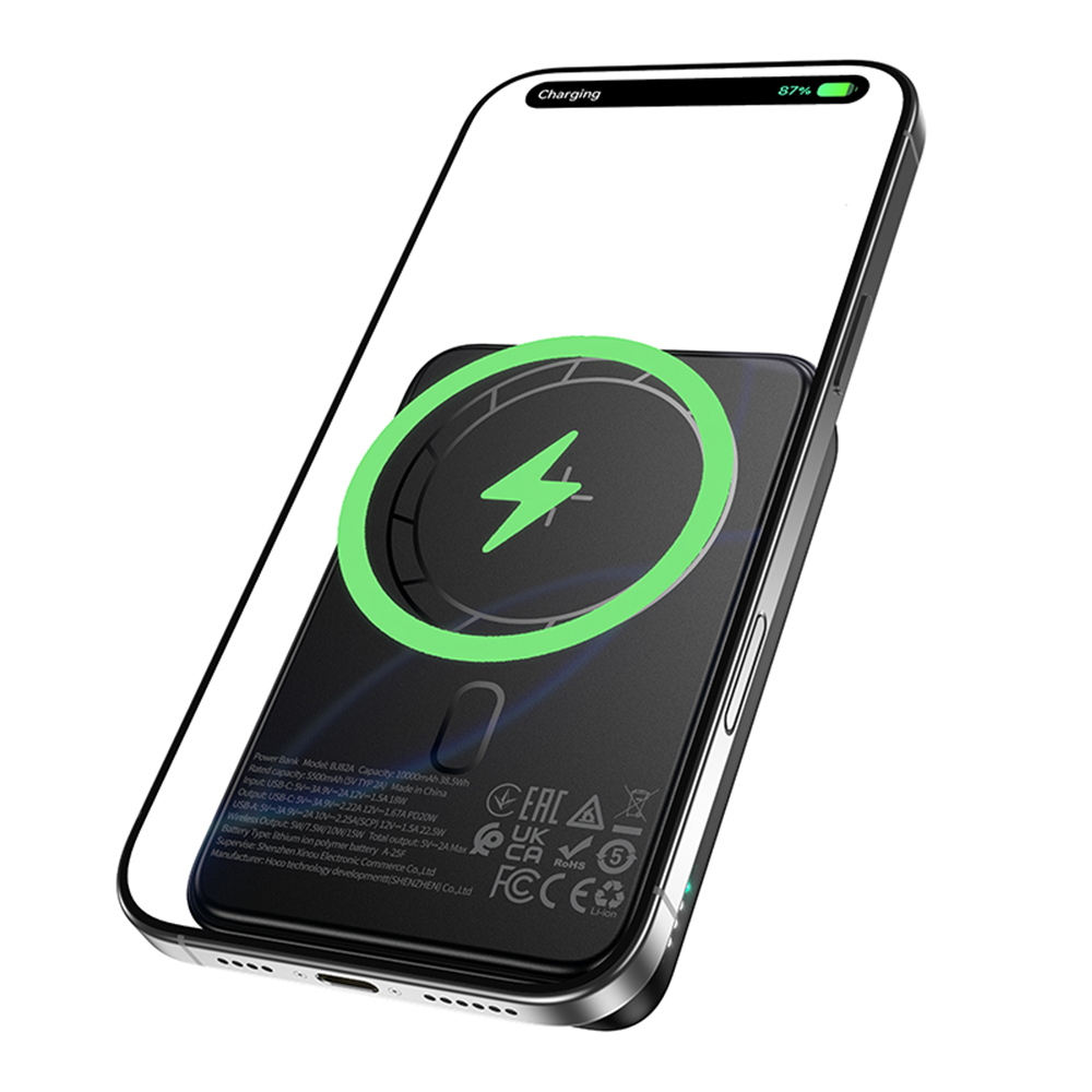 Външна батерия Wireless Borofone BJ82A Dawn, 10000mAh, 22.5W, QC + PD + FQI, 1 x QI - 1 x USB-A - 1 x USB-C, Черна