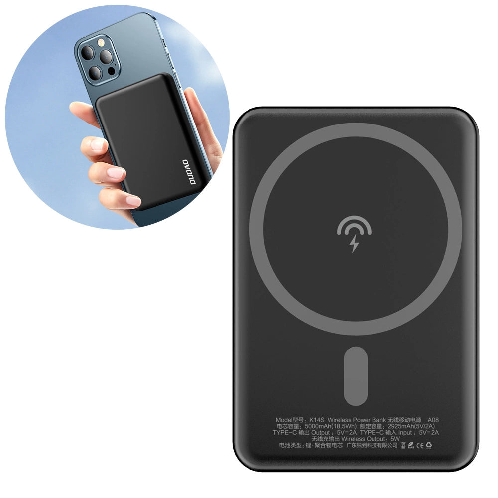 Външна батерия Wireless Dudao K14S, 5000mAh, 10W, PD + QI, 1 x QI - 1 x USB-C, Черна