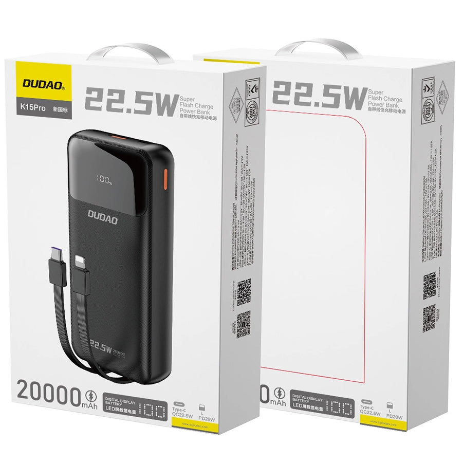 Външна батерия Dudao K15Pro, 20000mAh, 22.5W, QC + PD, 1 x Lightning - 1 x USB-A - 2 x USB-C, Черна