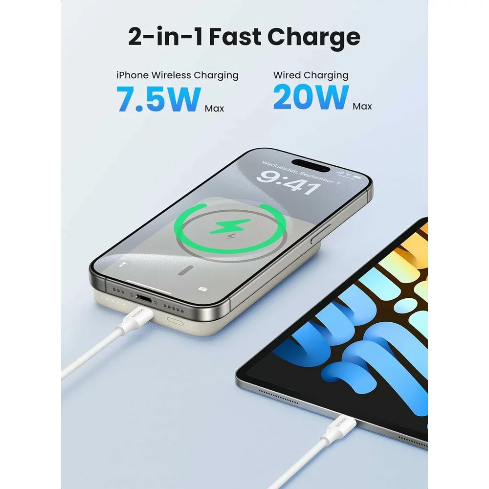 UGREEN PB561 Wireless External Battery, 10000mAh, 20W, PD + FQI, 1 x QI - 1 x USB-C, Beige